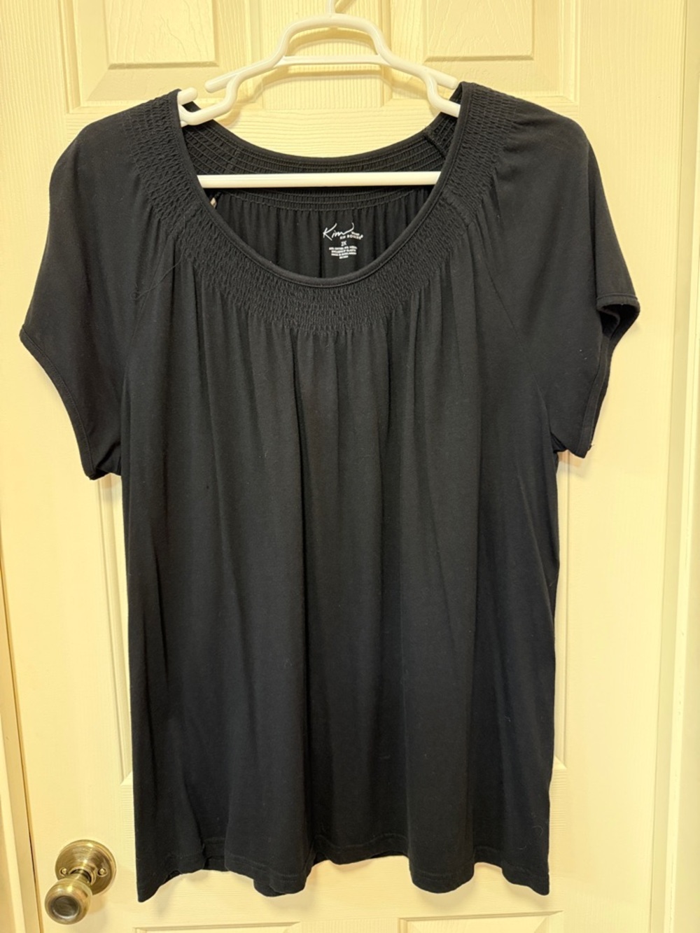 Kim Rogers Black Short Sleeve Scoop Neck Tee with Smocked Yoke Detail